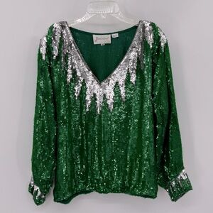Vintage Dominique 100% Silk Green Sequin V Neck Long Sleeve Top Sz M